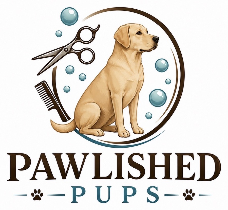Pawlished Pups logo featuring a golden Labrador, bubbles and grooming tools
