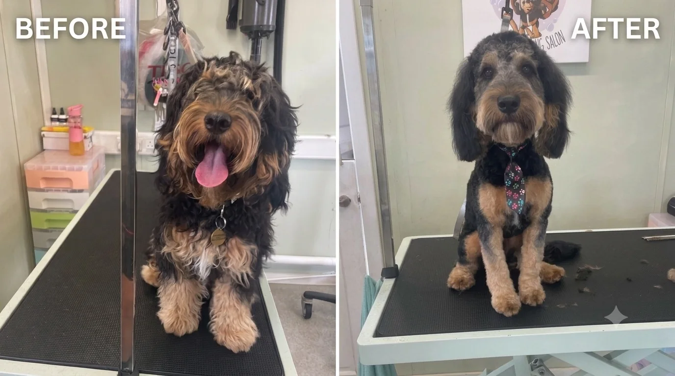 Dog grooming before and after transformation