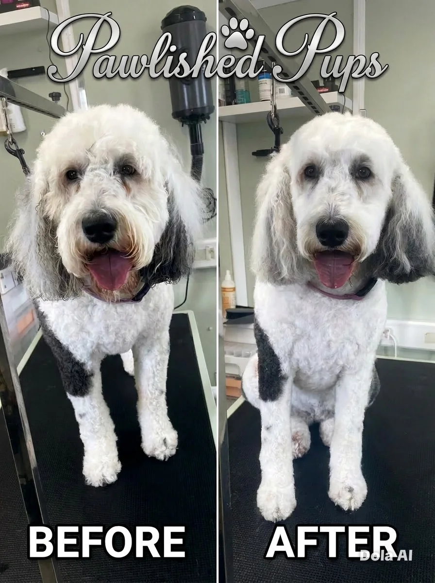 Large doodle dog before and after grooming