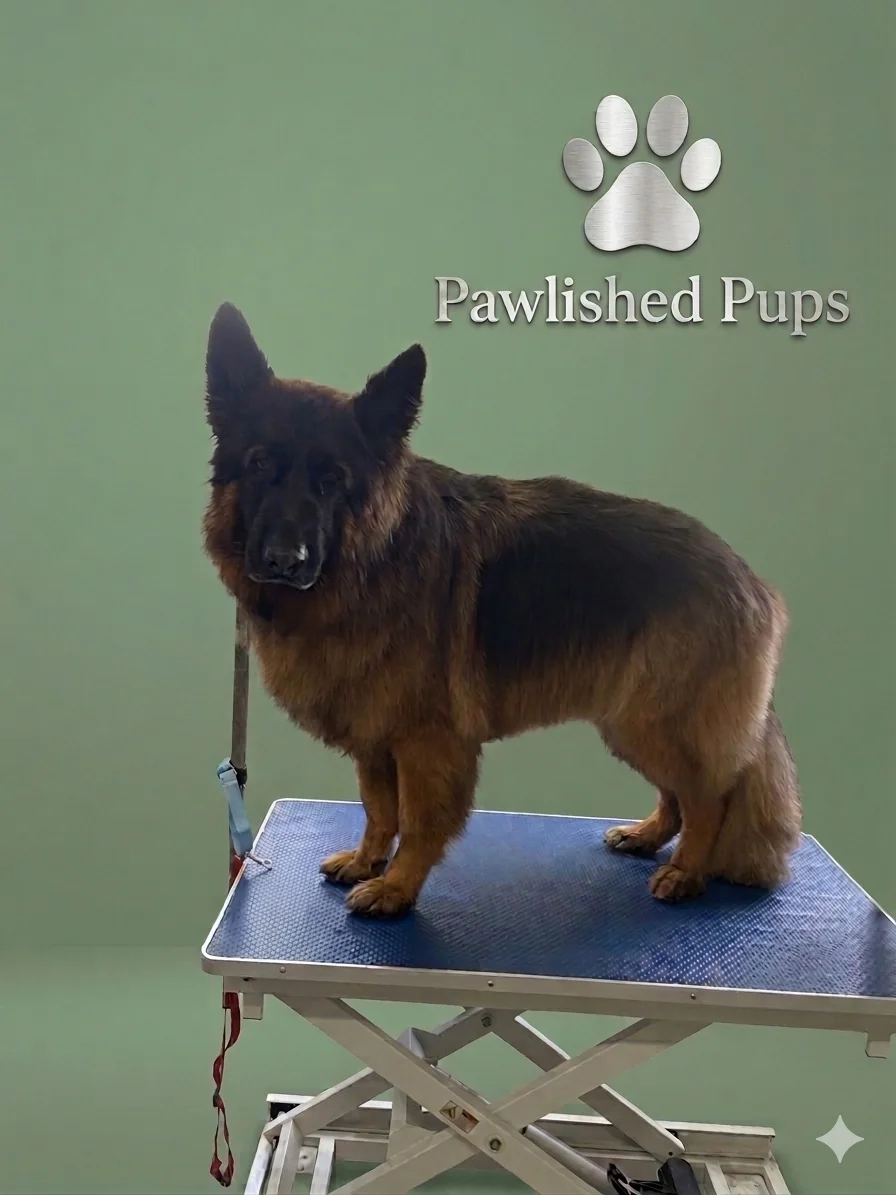 German Shepherd standing on a grooming table at Pawlished Pups